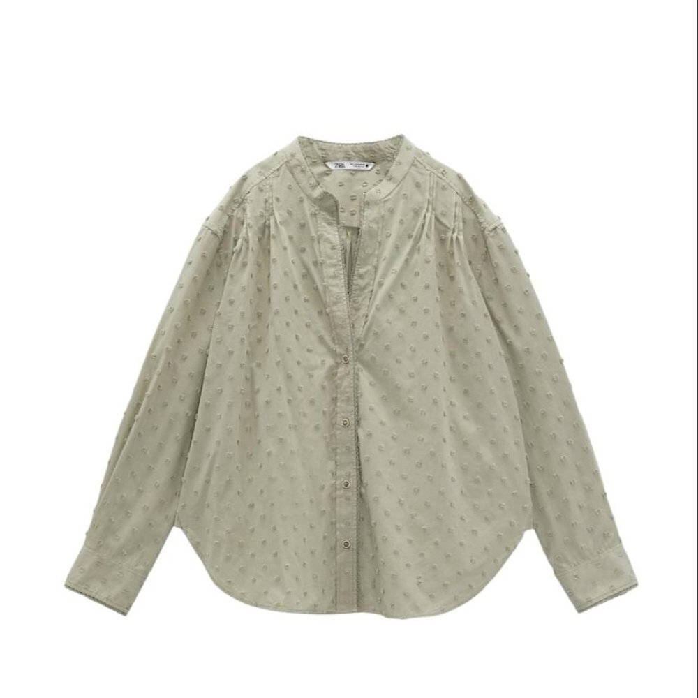 ZARA PLUMETIS BLOUSE WITH LACE TRIM GREEN SIZE M 0975/044/526